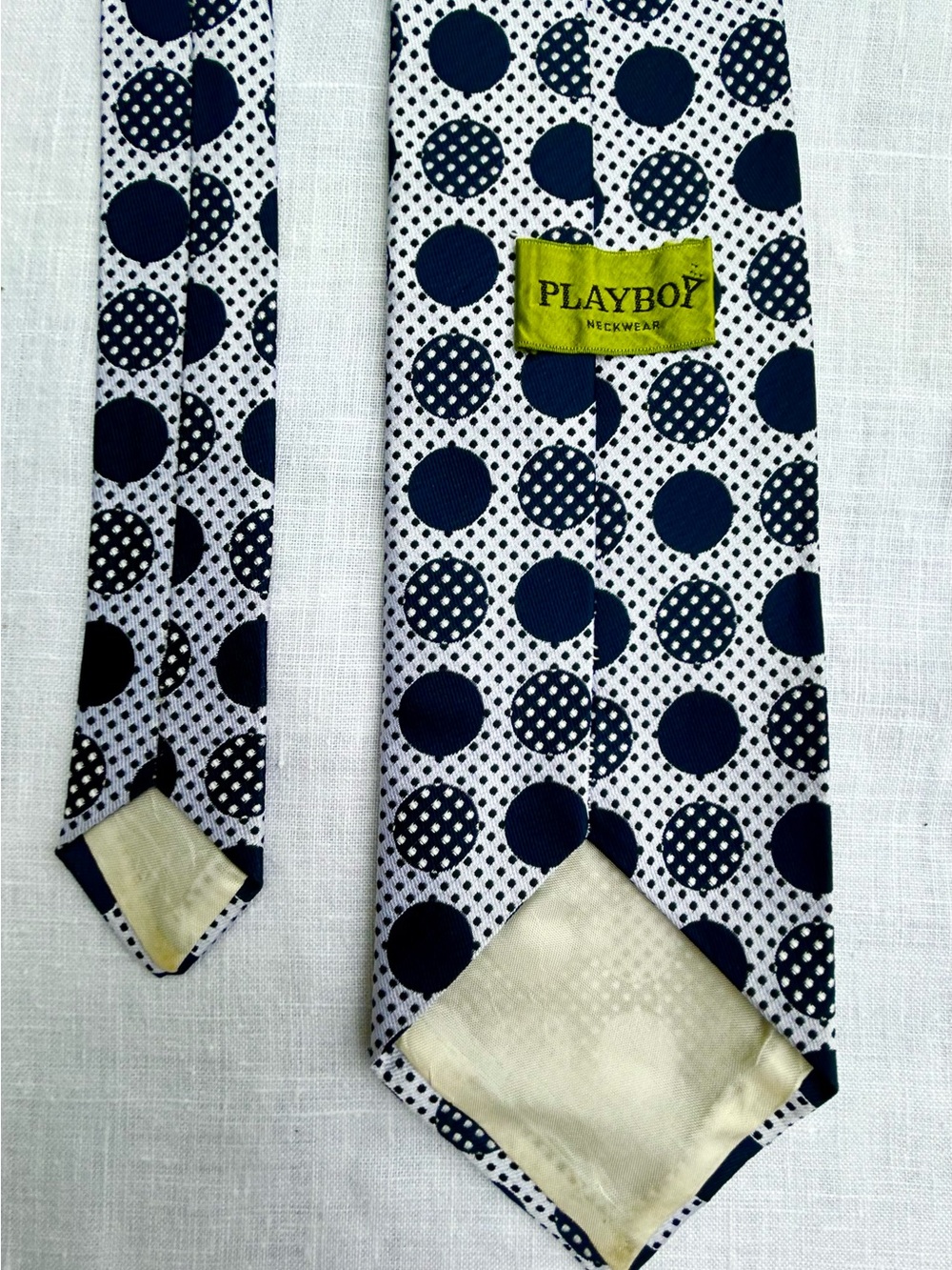 Vintage PLAYBOY 70s Navy & White Polka Dot Tie Wide 4” Disco soft Textured Poly